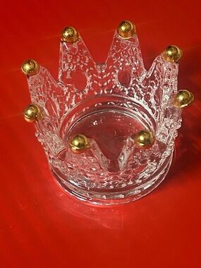 Clear Glass Crown Trinket Dish with Gold Accents